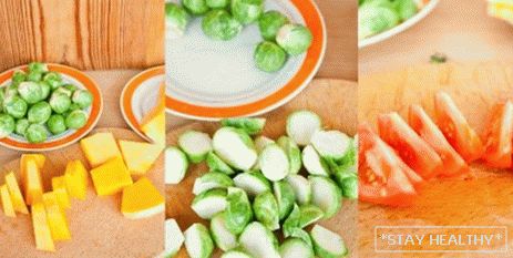 режем брюссельскую капусту и eine Tomateы